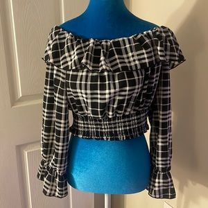 Plaid Off The Shoulder Long Sleeve Crop Top